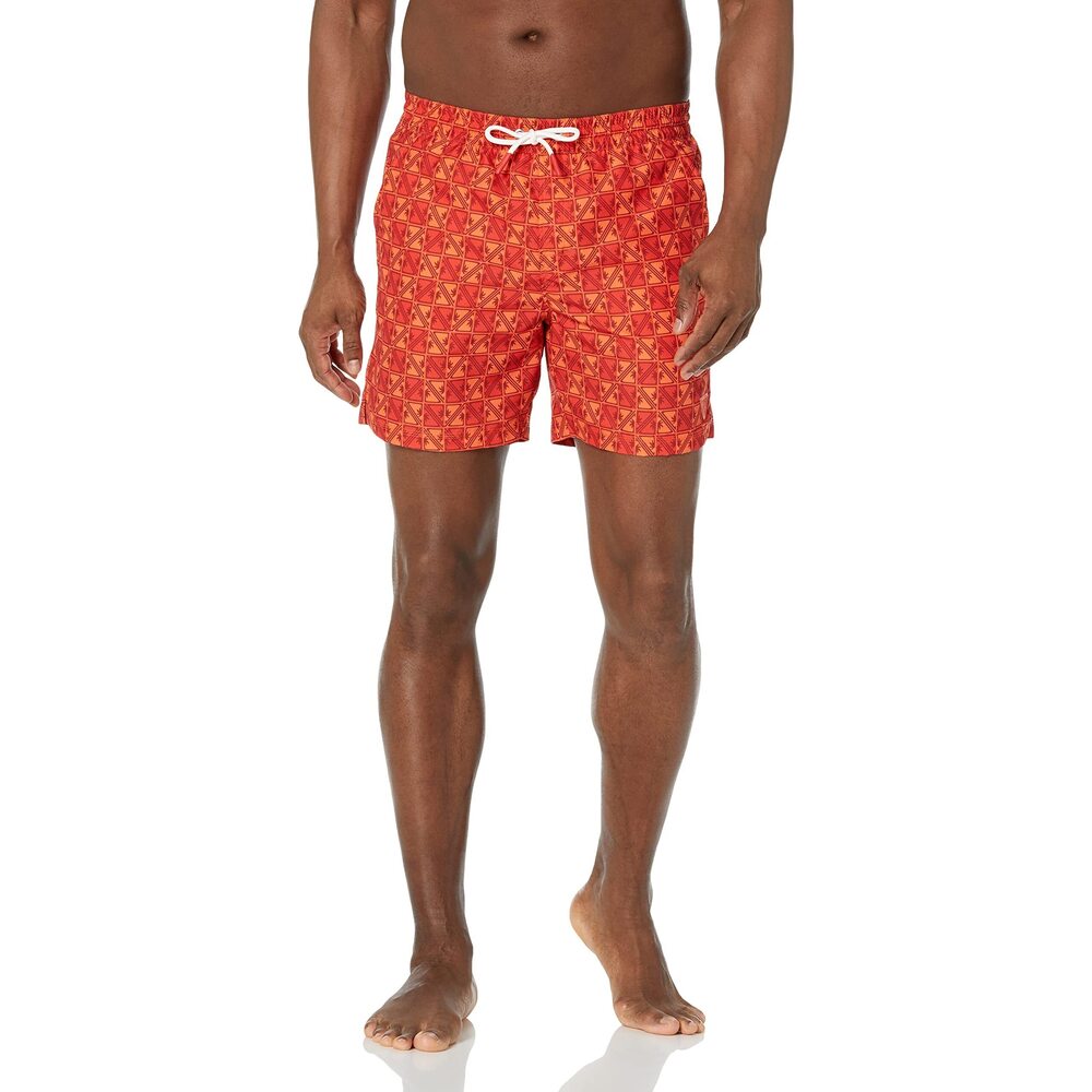 GUESS Men's Standard Swimtrunk Medium Geo Palm AOP, Orange Maya Print